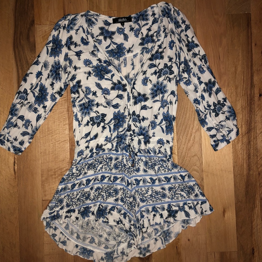 blue and white floral romper